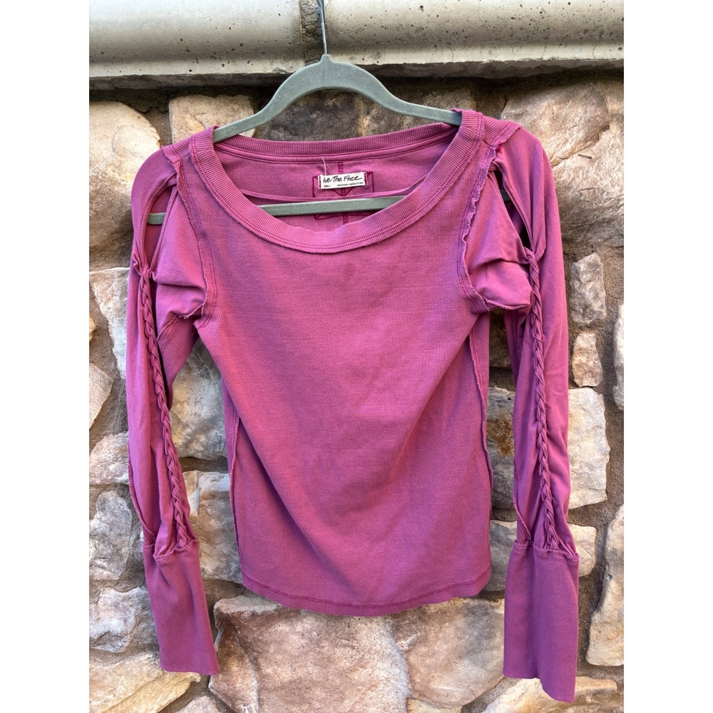 Free People Top Daisy Chain Braided Sleeve Shirt Size Small Y2K Pink Long Sleeve